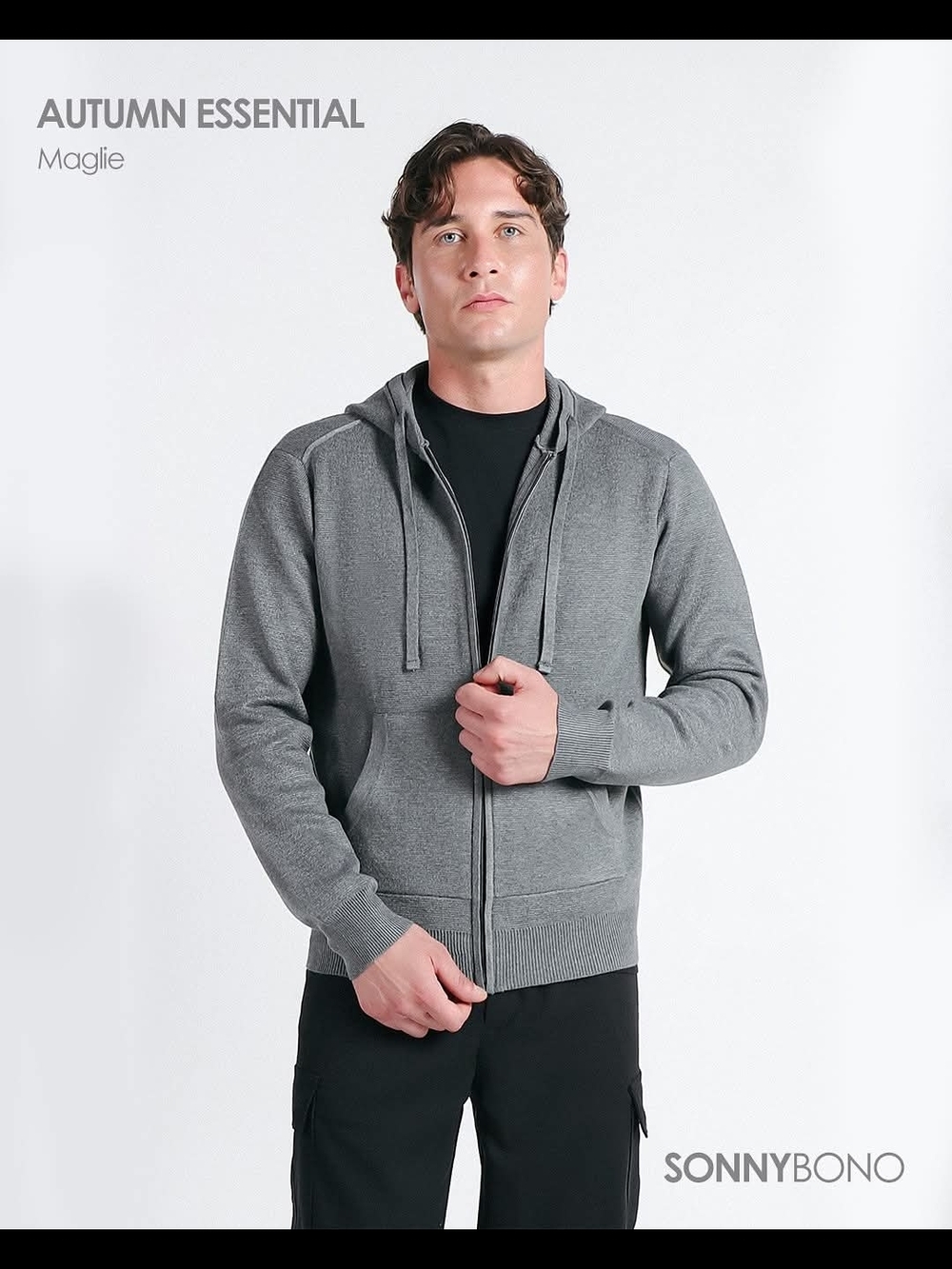 Men's Knit Grey Zip-Up Hoodie Sweater, Size S- SonnyBono NWT